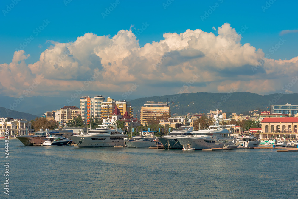 Sea port in summer. Many different yachts and boats stand at the marina. Yachtsmen and travelers are preparing to sail in the sea. In the background of the building of the seaside city.