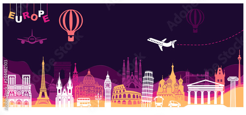 Abstract panorama of Europe. Landmarks in style paper art and craft