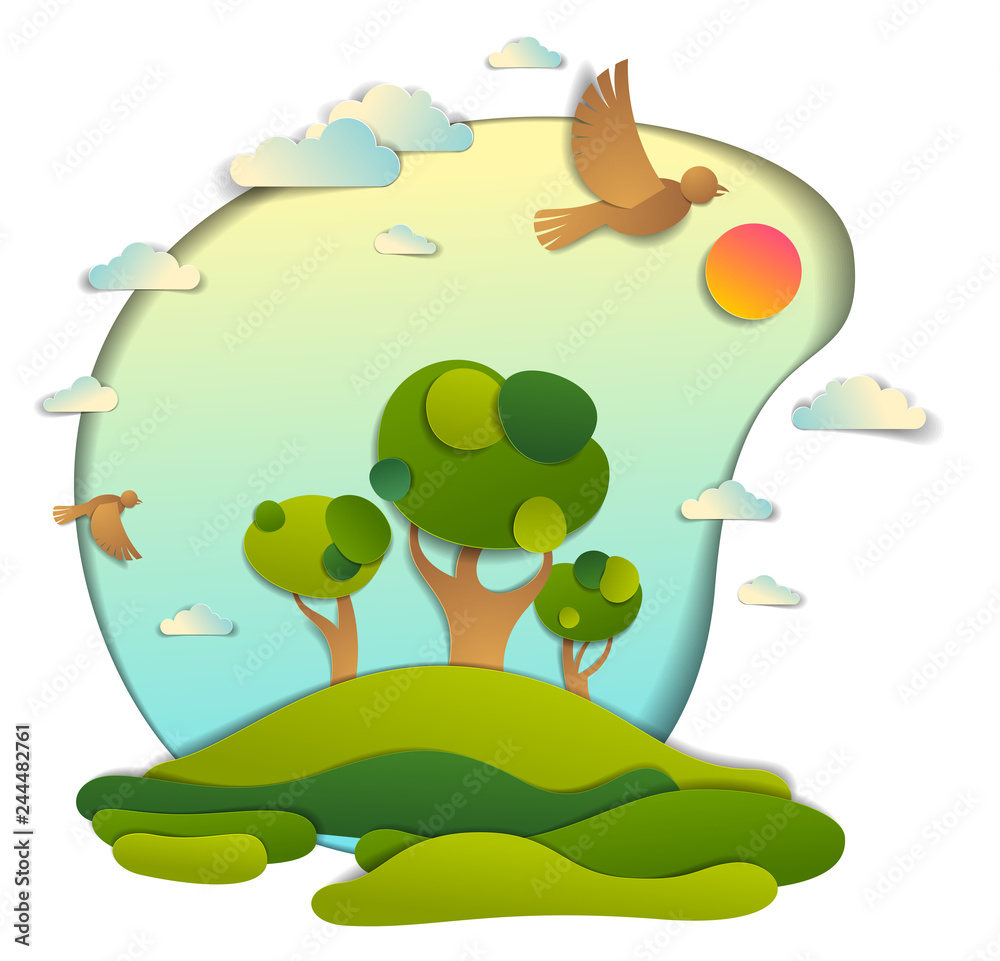 Fototapeta premium Green fields and trees scenic landscape of summer with clouds birds and sun in the sky, paper cut style childish illustration, holidays in countryside, travel and tourism theme.
