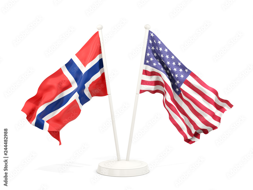 Two waving flags of norway and United States