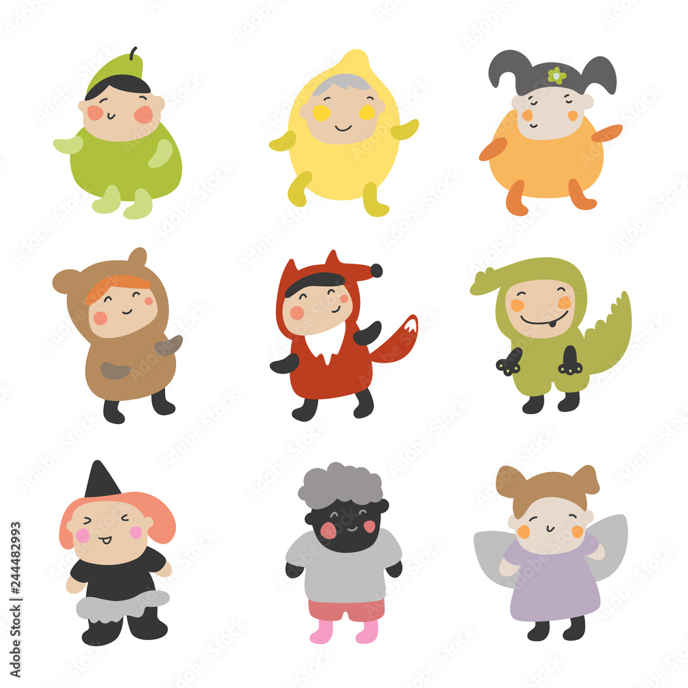 Cute Kids Character. Vector illustration set of kids. Character with different party costume style. Cute Kids Character. Vector illustration set of kids. Character with different party costume style.