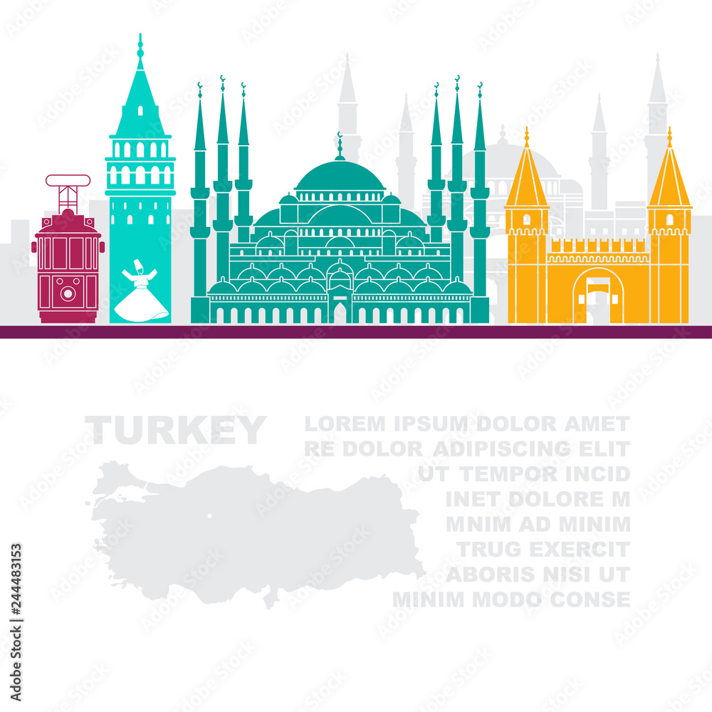 Template leaflets with a map of Turkey and landmarks of Istambul