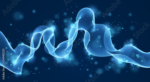 Array of particles flowing over dark background, dynamic sound wave. 3d vector illustration. Mesh shining round dots, beautiful relaxing wallpaper illustration.