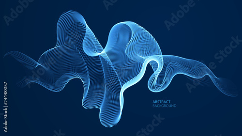 Wave line of flowing particles over dark abstract vector background, smooth curvy shape shining dots fluid array. 3d dots blended mesh, future technology relaxing wallpaper.