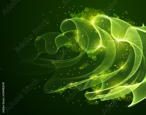 3d magic particles mesh array over dark, sound wave flowing, transparent tulle textile on wind. Round points vector effect illustration. Blended mesh, calming relaxing wallpaper.