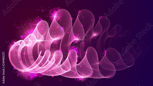 Dynamic magic particles wave flowing over dark, transparent tulle textile on wind. Dotted curves vector abstract background. Beautiful 3d wave shaped array of blended points.