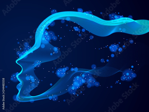 Artificial Intelligence, abstract artistic human head portrait made of dotted particles array, vector software digital visual interface. Digital soul, spirit of technological time.