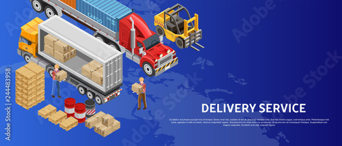 Colorful isometric design of banner for delivery service promotion showing workers loading truck