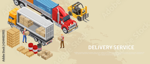 Modern vector isometric design of delivery service web banner with workers loading transport for shipment
