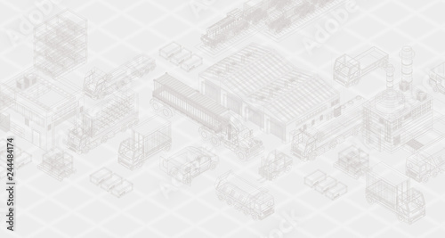 Elements of freight delivery and logistics on transparent blueprint
