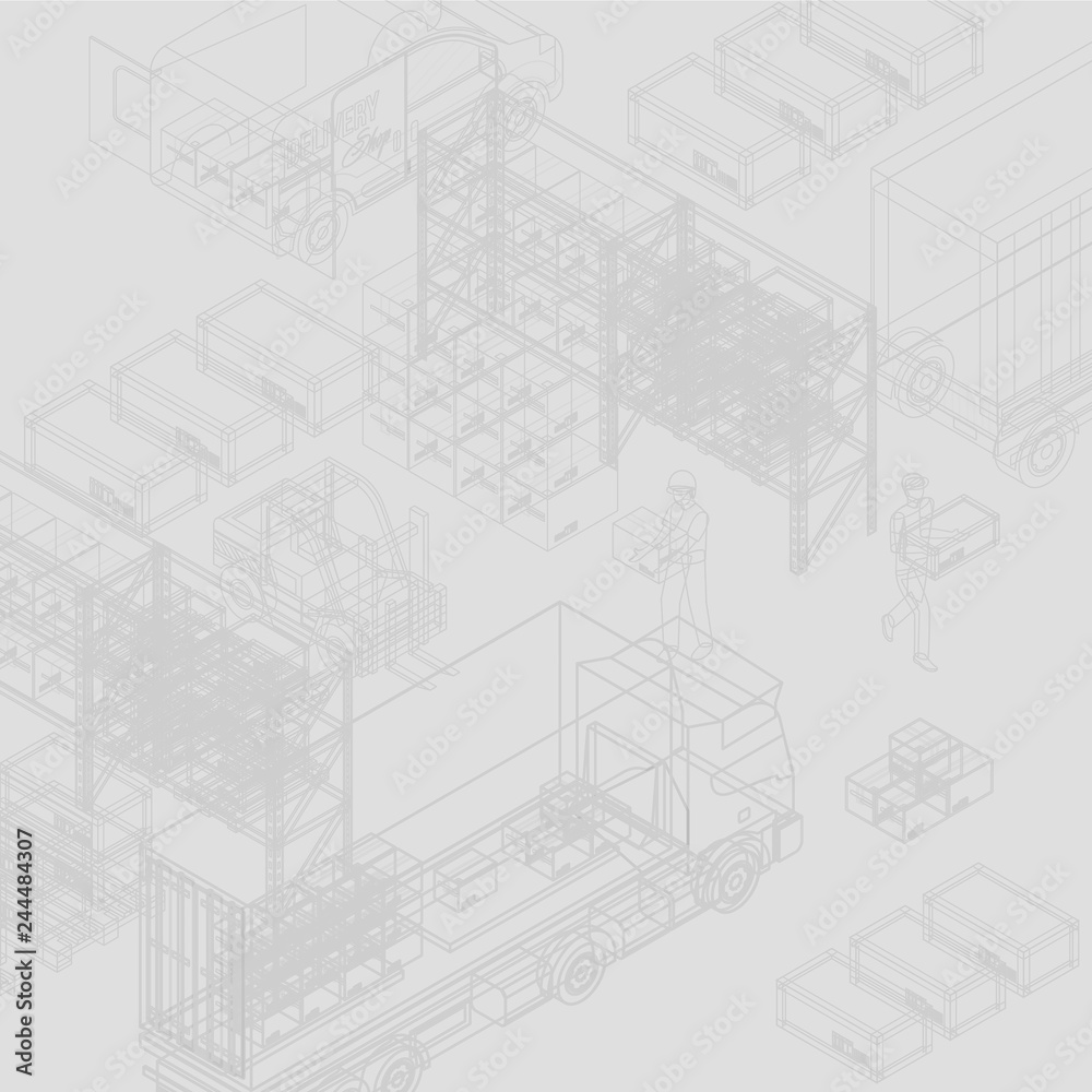 Vector design of blueprint with trucks and storage showing delivery system concept Vector design of blueprint with trucks and storage showing delivery system concept