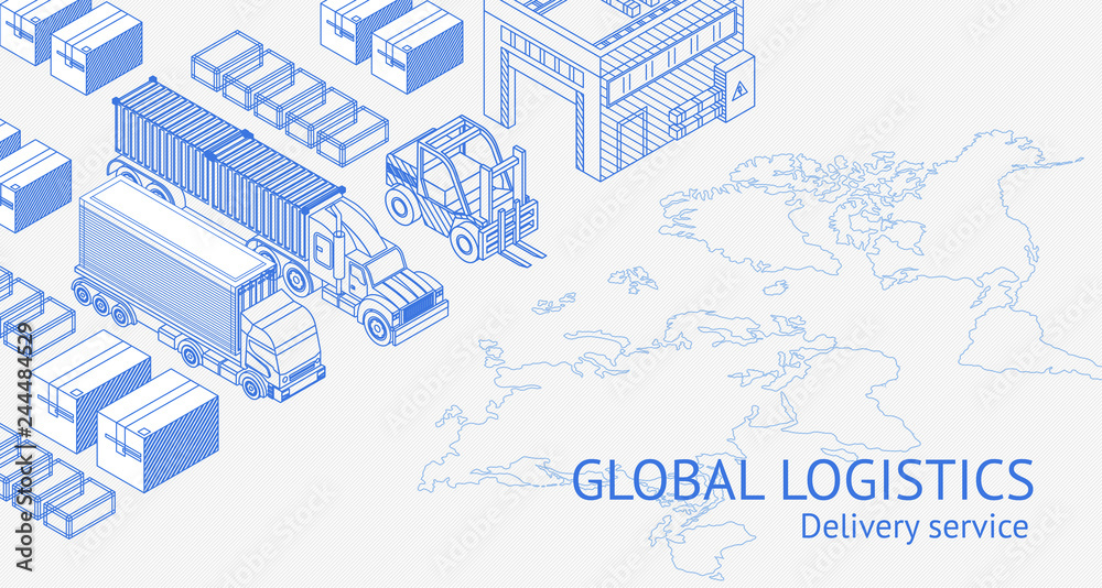 Isometric design of worldwide delivery service with blueprint trucks and containers 