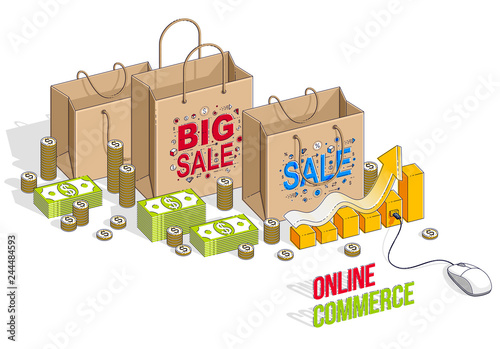 Online Shopping concept, web store, internet sales, Shop bag with pc mouse and cash money stacks and growth chart isolated. Vector 3d isometric business and finance illustration.