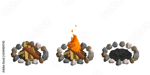 Set of bonfires. 3D vector illustration.
