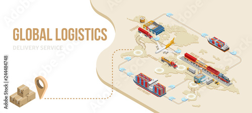 Dots connecting various vehicles and vessels on world map to final destination of packages on structure of global logistics