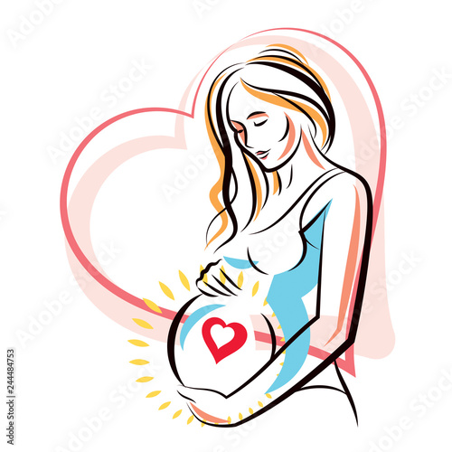 Pregnant female surrounded by heart shape frame hand drawn vector illustration, beautiful lady gently touching her belly. Love and tenderness concept.