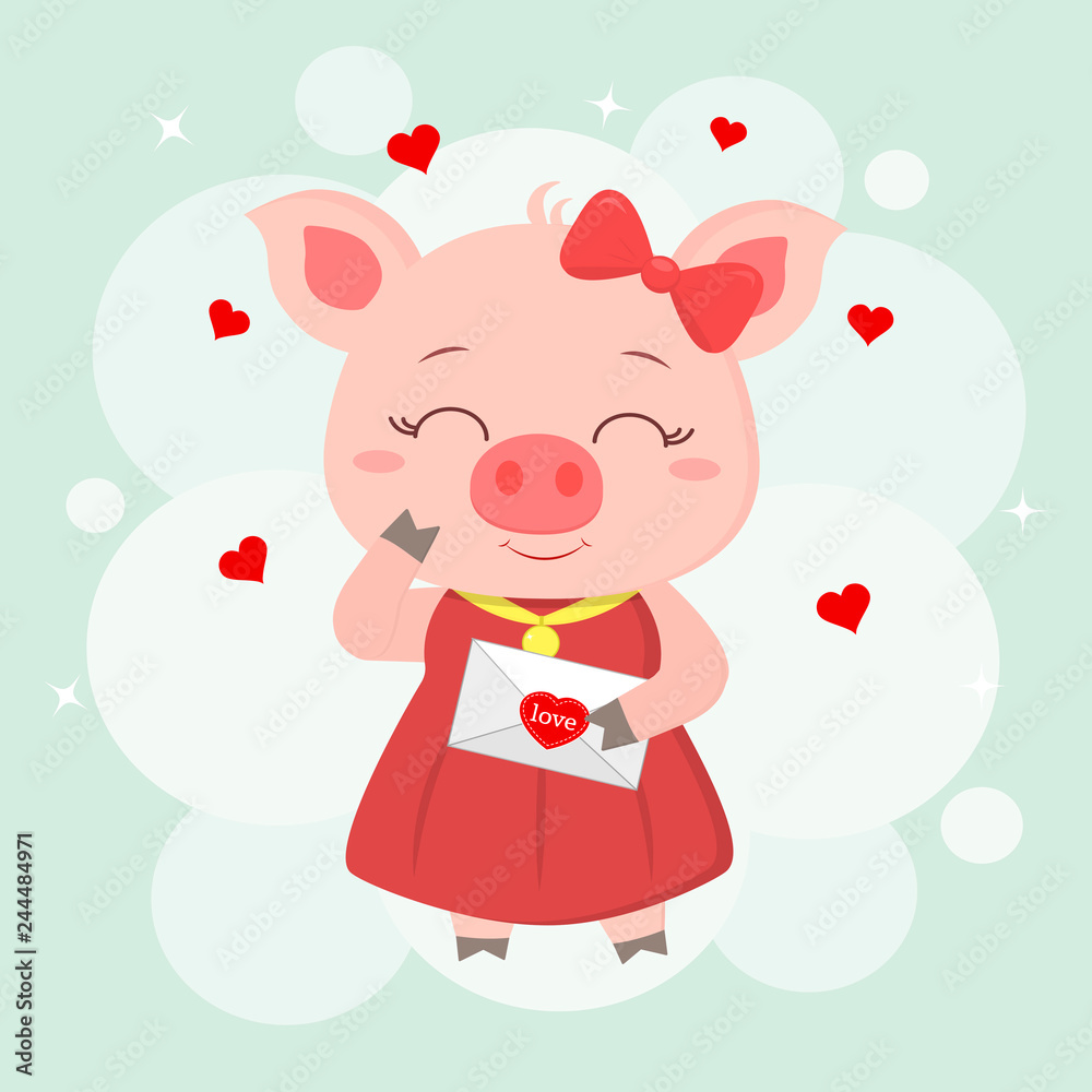 Congratulations on Valentine s Day. A piglet in love in a red dress and a bow holds an envelope with a heart. Flat design, cartoon style, vector