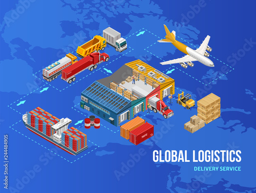 Simple isometric chart of global logistic and delivery service depicted over world map