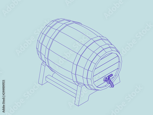 Wooden barrel with tap. Vector outline illustration.