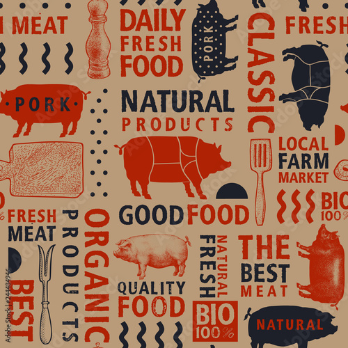 Typographic craft vector butchery seamless pattern. Graphical pig silhouette, hand drawn vintage illustrations. Retro styled farm animals background, bannner template.