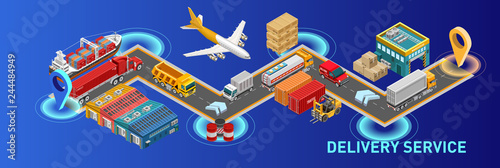 Isometric scheme of route of delivery with various freight transport from departure to arrival point