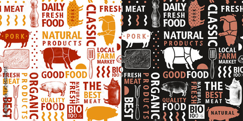 Typographic vector butchery seamless pattern. Graphical pig silhouette, hand drawn vintage illustrations. Retro styled farm animals background, bannner template.