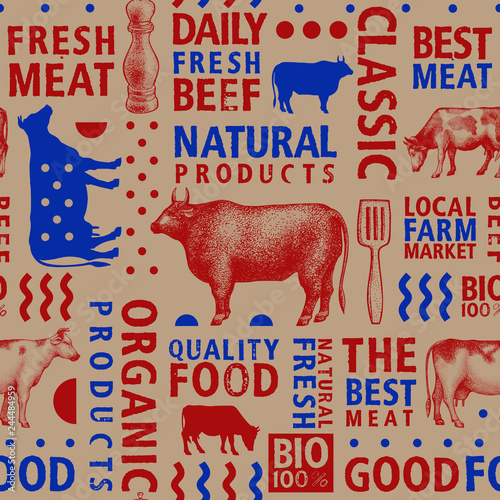 Typographic vector butchery seamless pattern. Graphical bull and cow silhouette, hand drawn vintage illustrations. Retro styled farm animals background, bannner template.