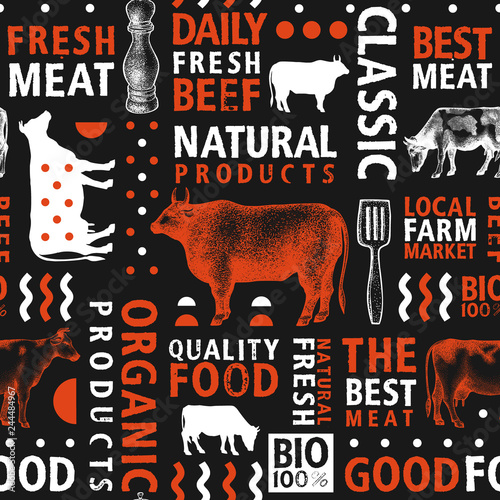Typographic vector butchery seamless pattern. Graphical bull and cow silhouette, hand drawn vintage illustrations. Retro styled farm animals background, bannner template.
