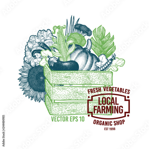 Wooden crate full of organic food. Vector hand drawn vintage illustration of farm organic vegetables. Farm fresh design template.