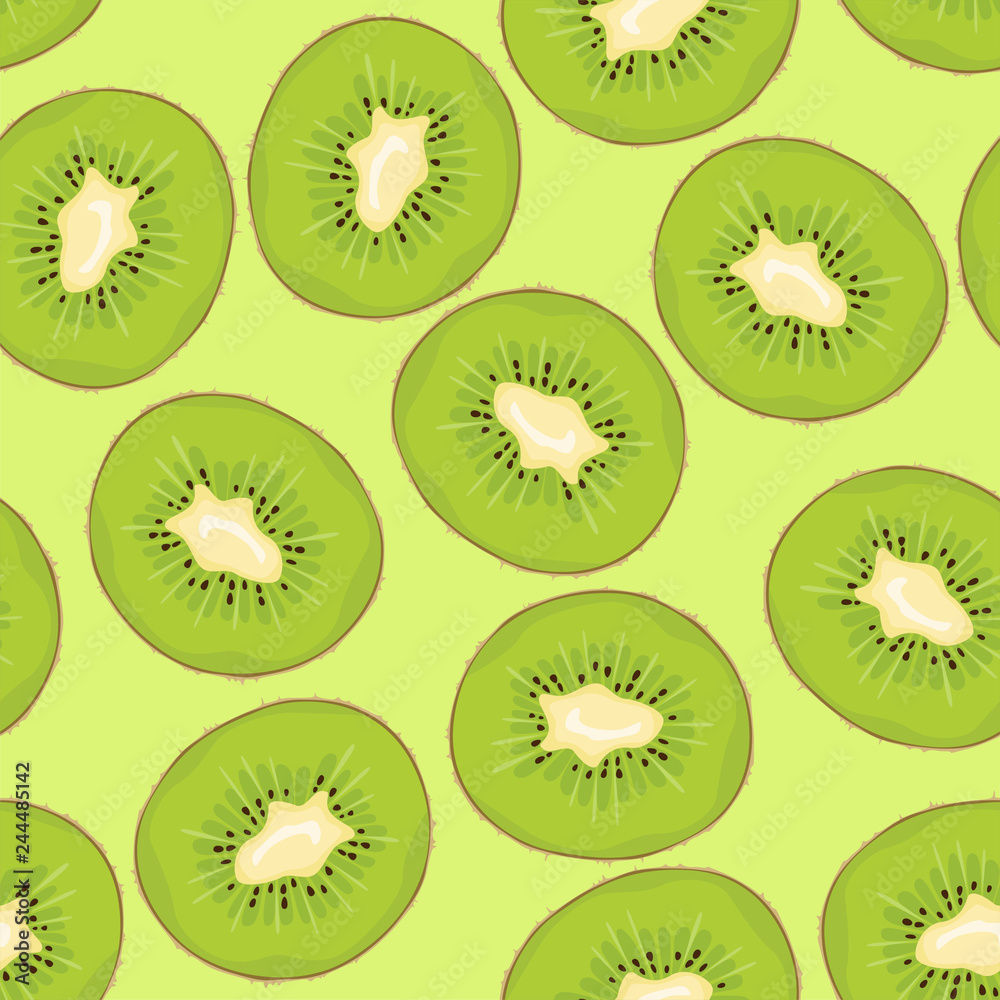 Seamless pattern with kiwi slices on  light green background. Vector illustration of tropical fruits in cartoon flat style.