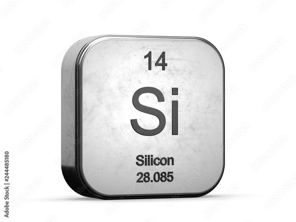 Silicon element from the periodic table. Metallic icon 3D rendered on white background Silicon element from the periodic table. Metallic icon 3D rendered on white background