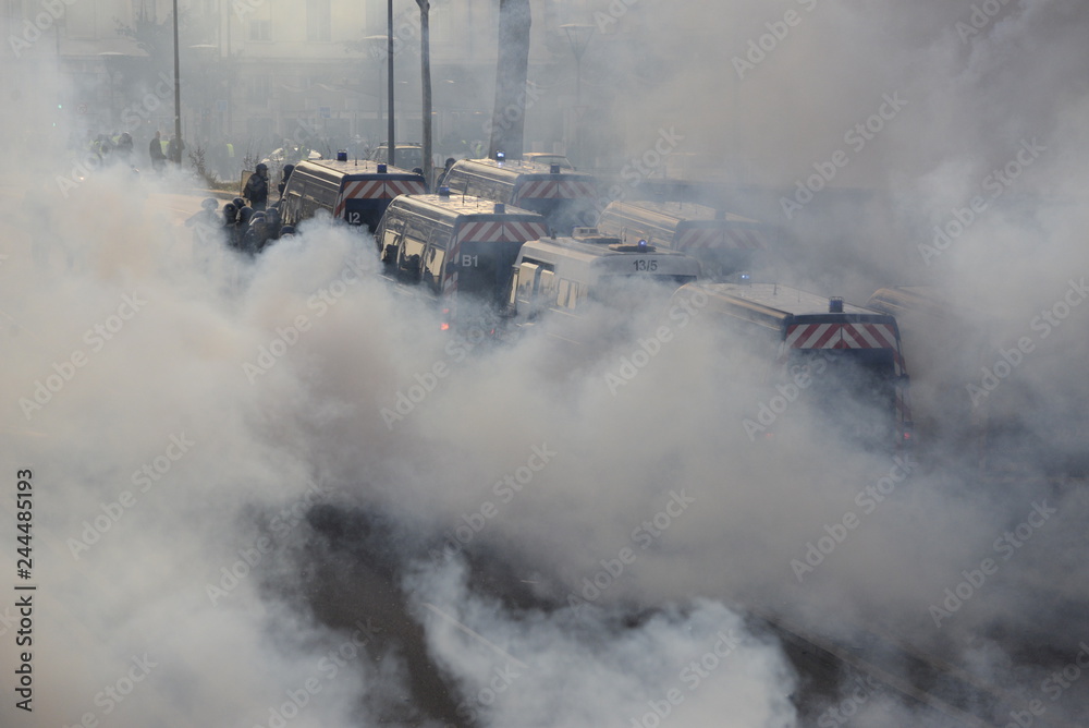 Lyon, France. 01/19/2019 : Police in teargas fog during yellow jackets protest.