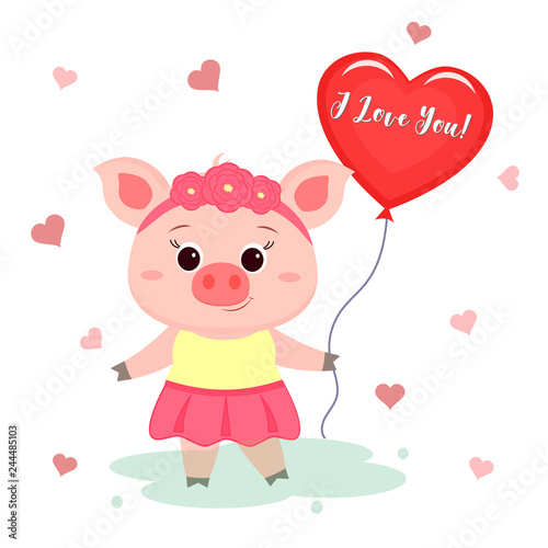 Congratulations on Valentine s Day. A cute pig with a rim of flowers and a dress is standing and holding a heart-shaped balloon. Flat design  cartoon style  vector