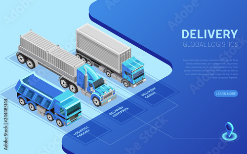 Three isometric freight trucks of various types depicted near description for website page