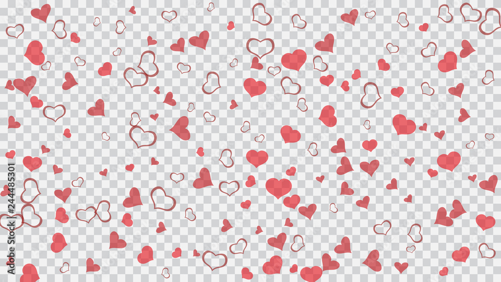 Part of the design of wallpaper, textiles, packaging, printing, holiday invitation for birthday. Red hearts of confetti are falling. Festive background. Red on Transparent background Vector.