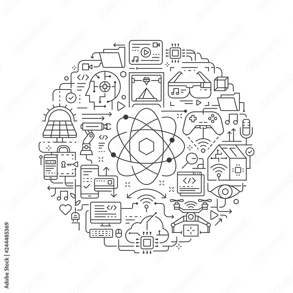 Technology concept in thin flat illustration. Future technology line icons in round shape isolated vector illustration. Round design element with technology icon - Vector