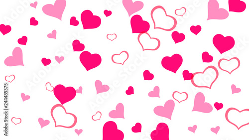 Red on White fond Vector. Light background. A sample of wallpaper design, textiles, packaging, printing, holiday invitation for wedding. Red hearts of confetti are flying.