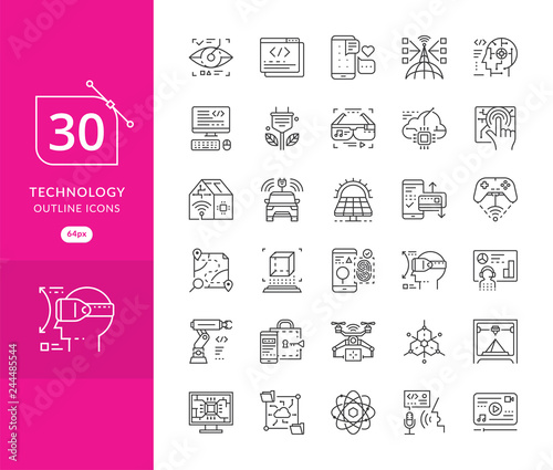 Set vector line icons in flat design future technology. Set of icons in trendy linear style technology. Modern thin line icons set of future technology and artificial intelligence robot
