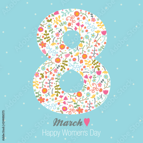 Cute banner for the International Women's Day. Flyer for March 8 with the decor of flowers and heart. Invitations with the number 8 and flowers.