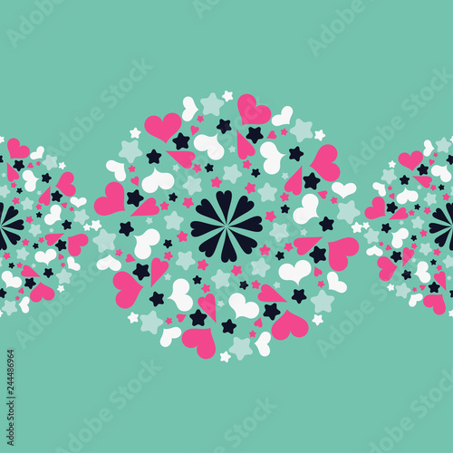 Seamless pattern with decorative hearts and stars. Mandala. Sacred image. Valentine's day. Vector illustration. Can be used for wallpaper, textile, invitation card, web page background.