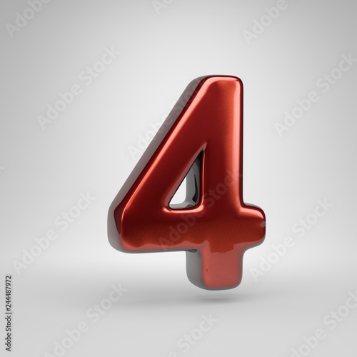 3D number 4. Red metallic letter isolated on white background