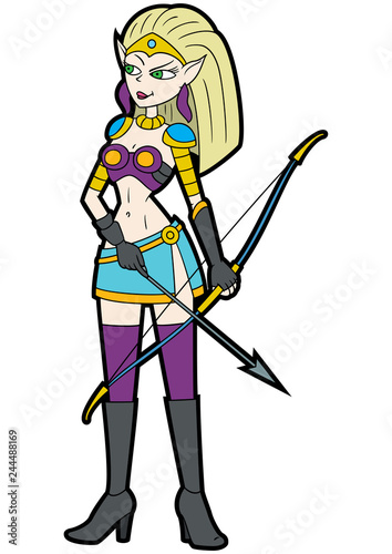 Archer woman elf / Illustration cartoon fantasy elf girl warrior with a bow and arrow