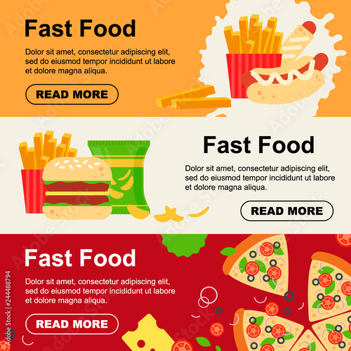 Fast food horizontal banner for luncheonette menu design. Unhealthy street food flyer, hamburger pizza sausage dough sandwich french fries snack - flat vector illustration