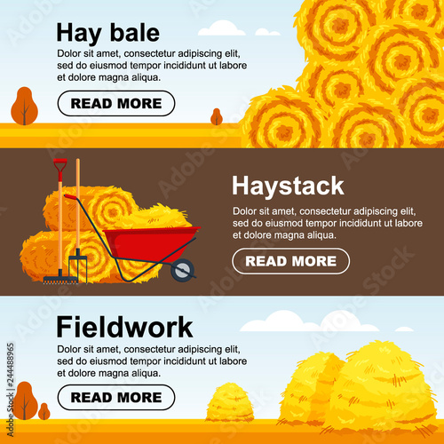 Horizontal banner haystack, wheelbarrow with bale of hay. Flat dried haystack flyer, farming haymow bale hayloft, agricultural rural haycock - vector illustration