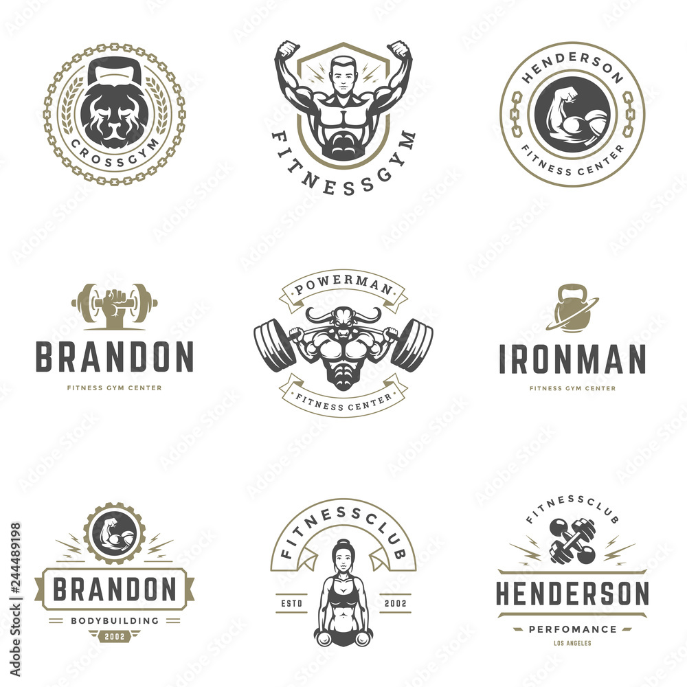 Set fitness center and sport gym logos and badges design vector illustration.