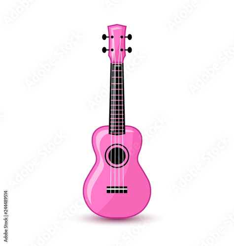 Bright pink ukulele. Hawaiian folk musical instrument on white background. Vector illustration.
