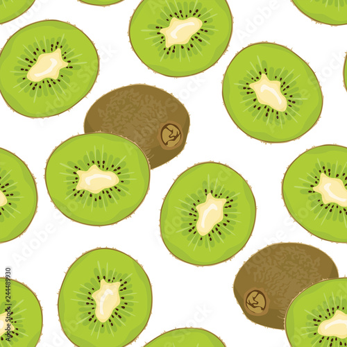 Kiwi seamless pattern white background. Vector illustration of tropical fruits in cartoon flat style.