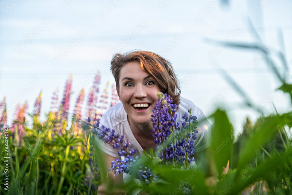 Beautiful girl in a field of purple lupines Beautiful girl in a field of purple lupines