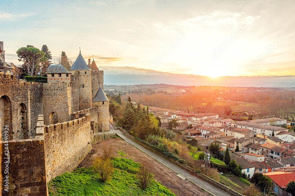 Carcassonne. France . Beautiful sunset landscape in the famous city in France.