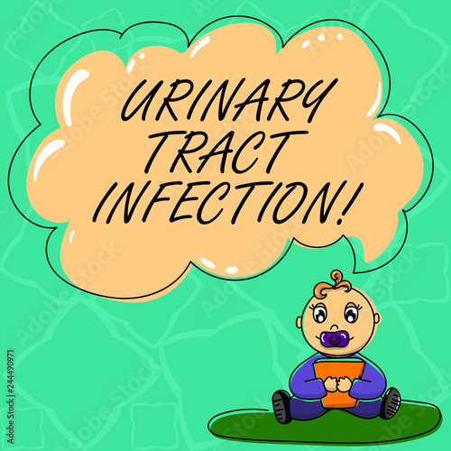 Word writing text Urinary Tract Infection. Business concept for an infection in any part of the urinary system Baby Sitting on Rug with Pacifier Book and Blank Color Cloud Speech Bubble